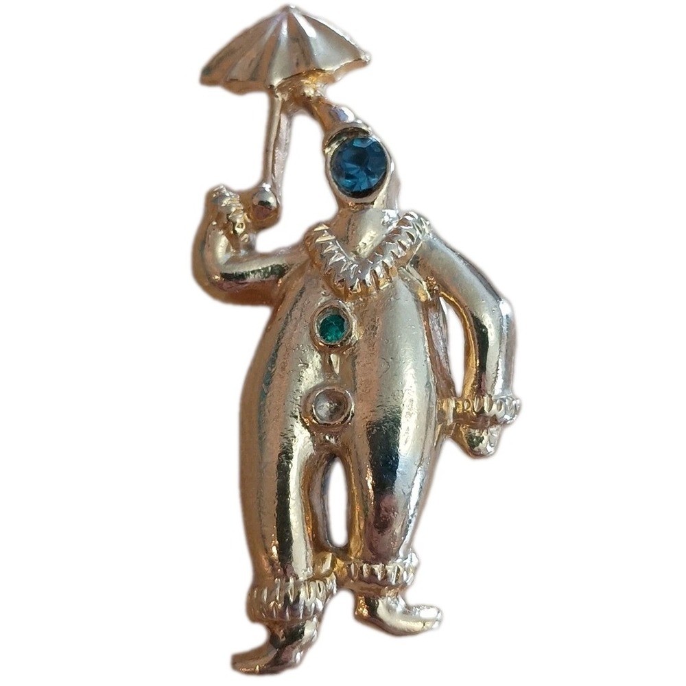 Vintage JONETTE Signed JJ Clown with Umbrella Gold Tone Lapel Pin - Rhinestone